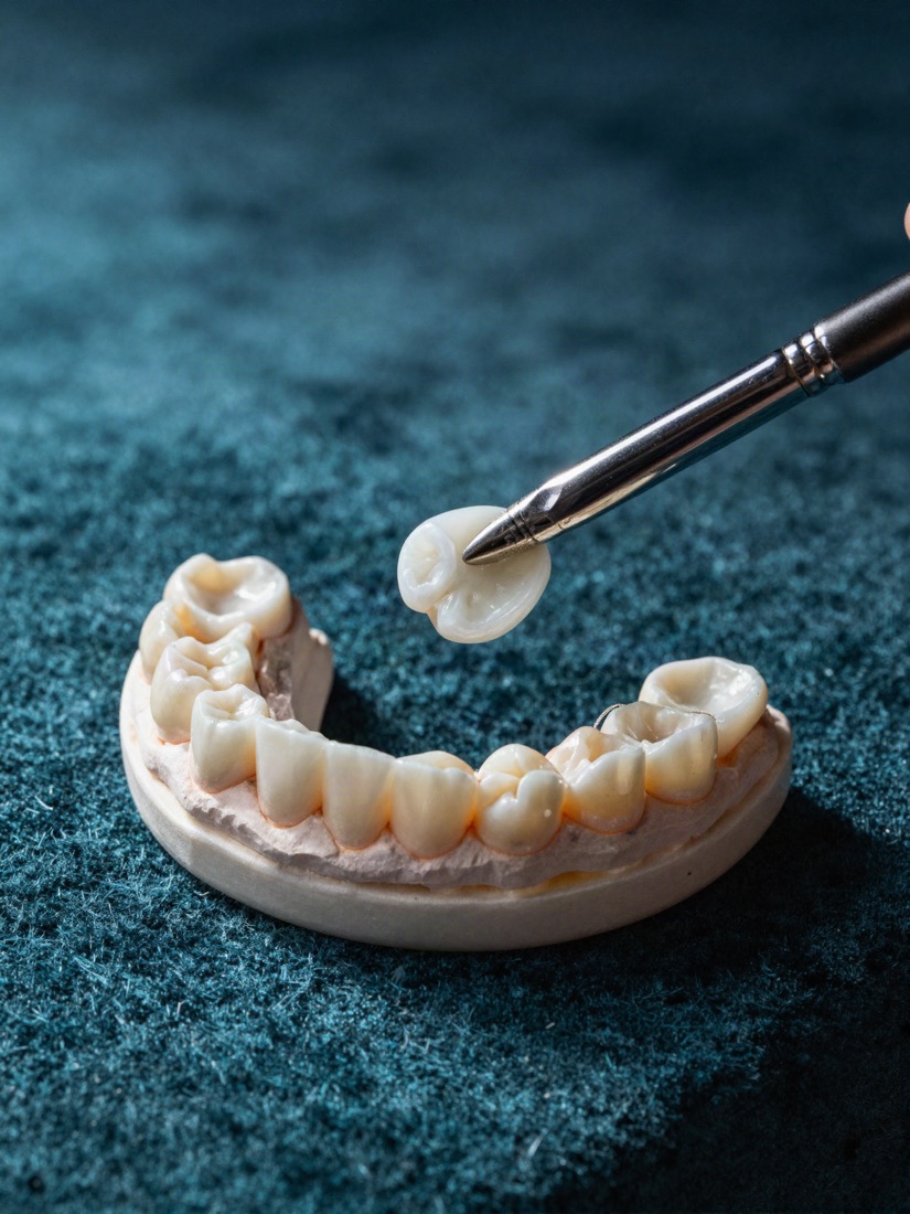 Handmade ceramic crown held with a fine brush over a dental model