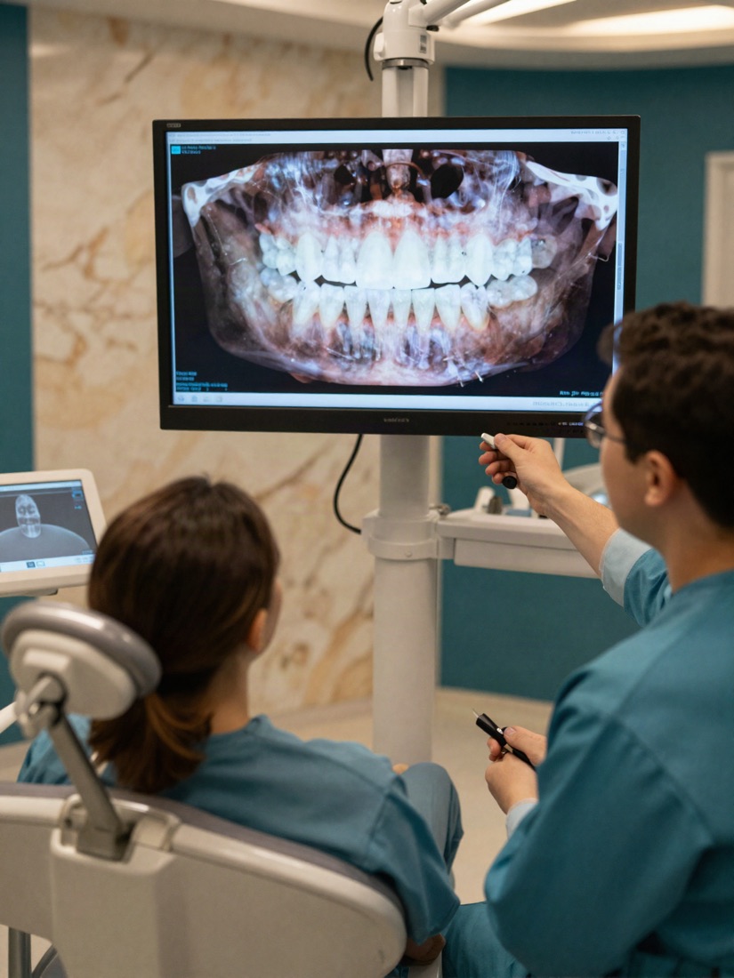 Dentist reviewing a 3D scan of a patient's teeth on a large screen